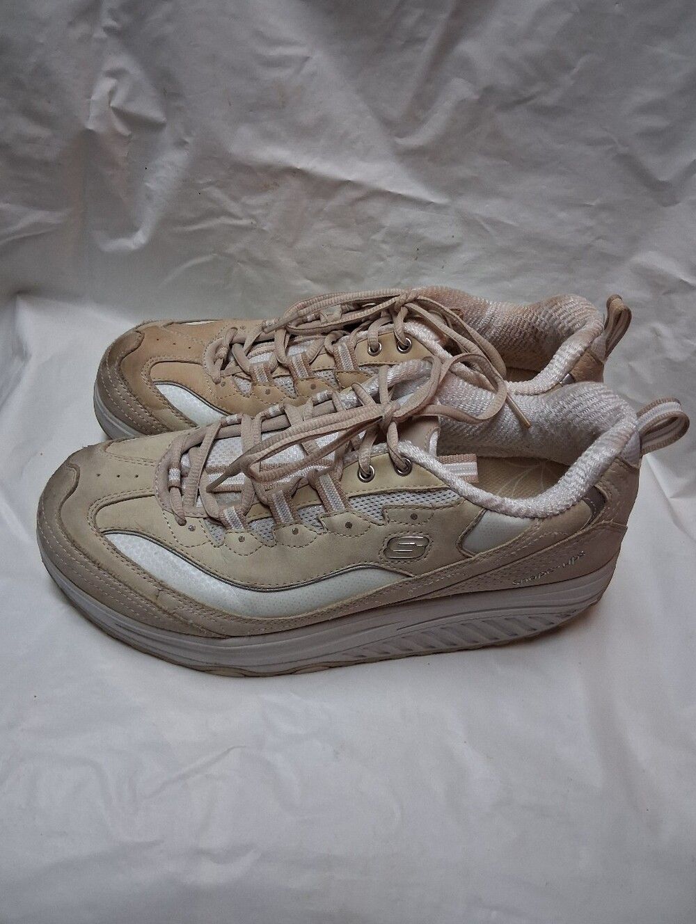 Skechers Leather Shape Ups Tan Rocker Toning Walking Chunky Sneakers Sz 10